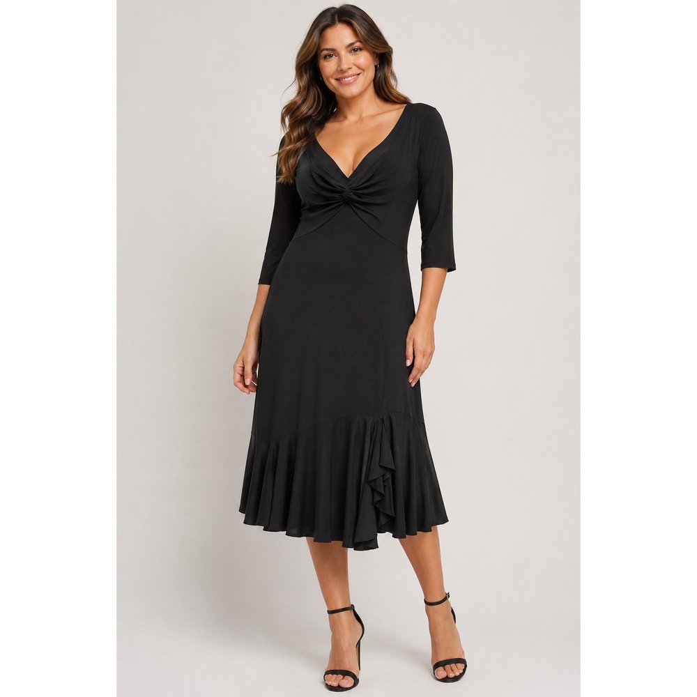 Vera Wang Dress Womens Black Twist Front Asymmetrical Ruffle Midi 3/4 Sleeve